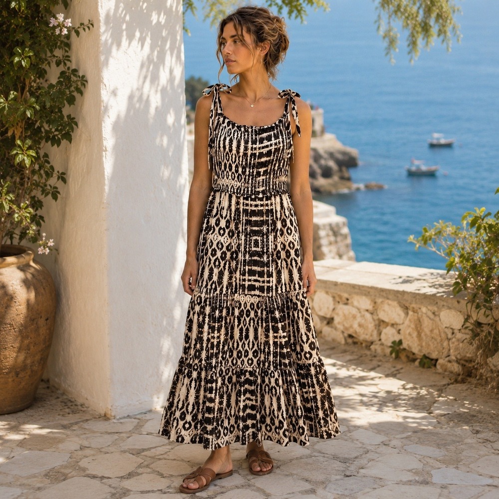 Womens Brown Smocked Tiered Maxi Dress Size L Tie Shoulder Boho Resort Vacation